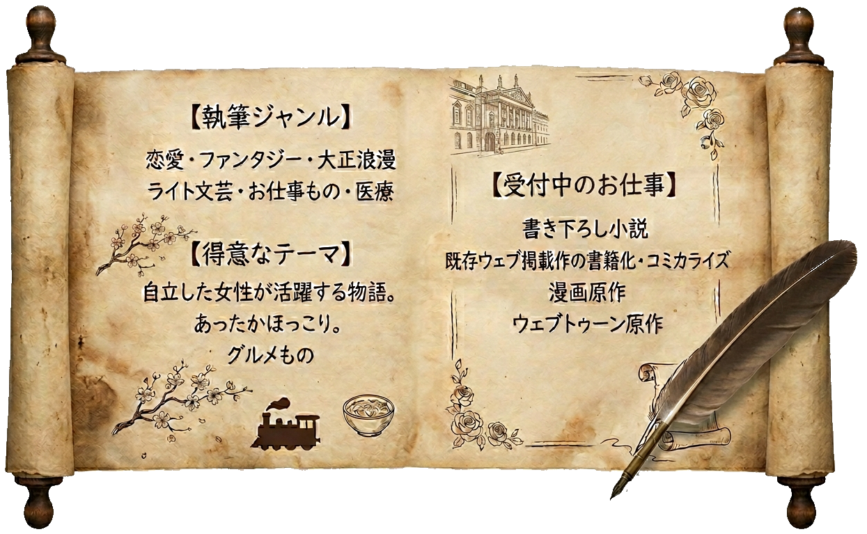 執筆ジャンル: 恋愛、ファンタジー、大正浪漫、ライト文芸、お仕事もの、医療。得意なテーマ: 自立した女性が活躍する物語、あったかほっこり、グルメもの。受付中のお仕事: 書き下ろし小説、既存ウェブ掲載作の書籍化、コミカライズ、漫画原作、ウェブトゥーン原作。